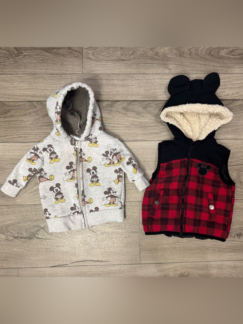 Mickey Mouse Baby Hooded Jackets - Gray & Red Dress Plaid Set 12mo & 18mo
